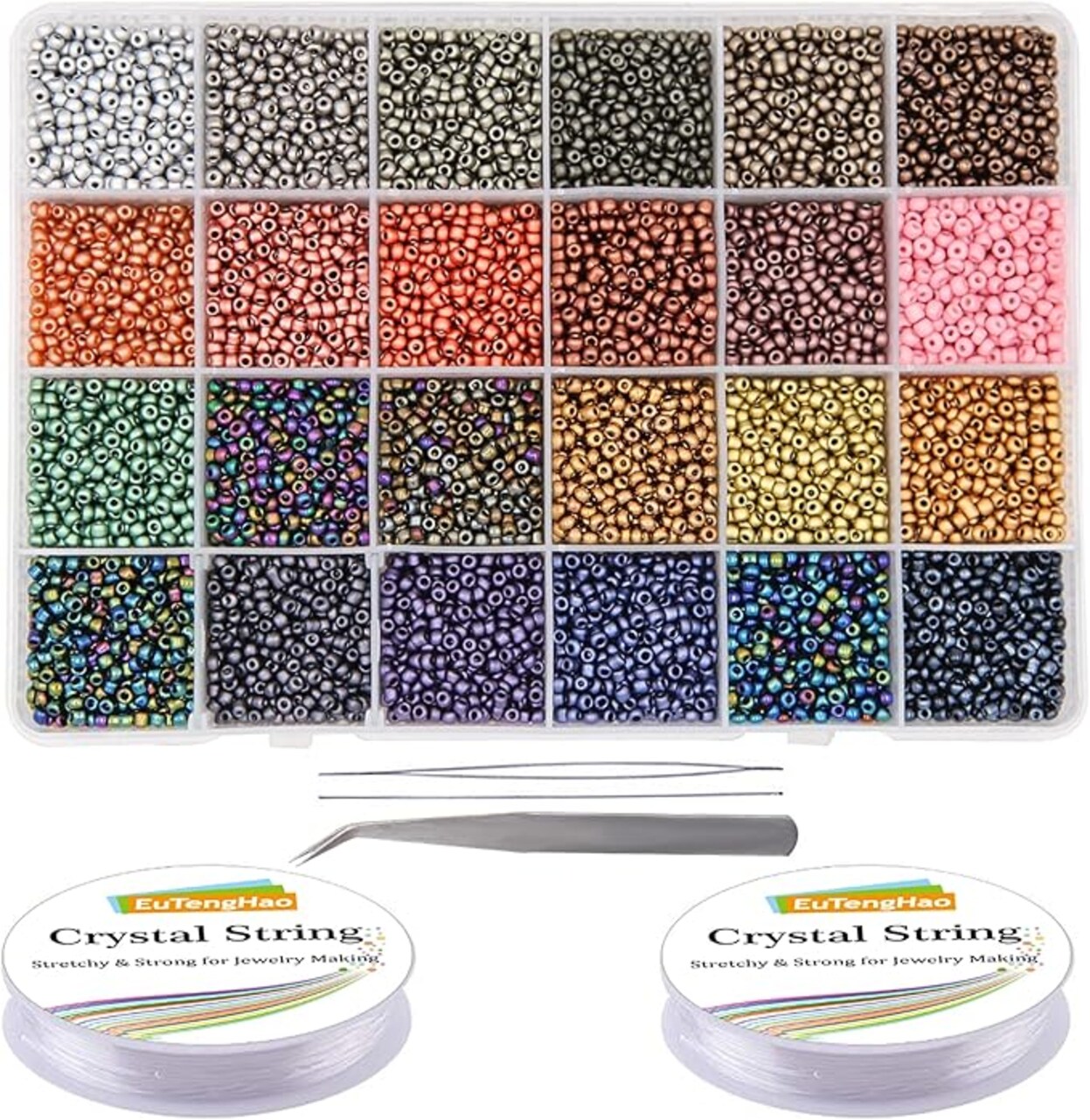 8/0 Glass Seed Beads Kit, 3mm Metal Color Waist Beads, 24Colors Small Pony Beads with String for Bracelet Necklace Earring Jewelry Making (14405PCS, 600 Per Color)